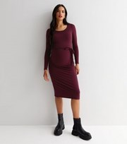 New Look Maternity Burgundy Ribbed Jersey Tie Side Long Sleeve Midi Dress